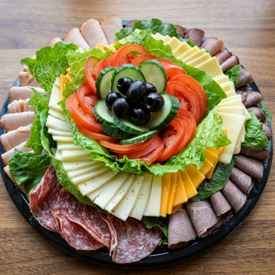 Colorful deli platter arranged with lettuce, tomatoes, cucumbers, olives, assorted cheeses, turkey, roast beef, and salami.