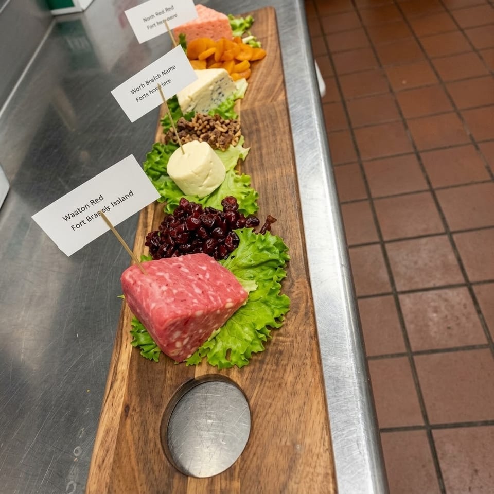 Wooden board displays labeled cheese samples with lettuce, dried fruit, crackers, and meat on a commercial kitchen counter.