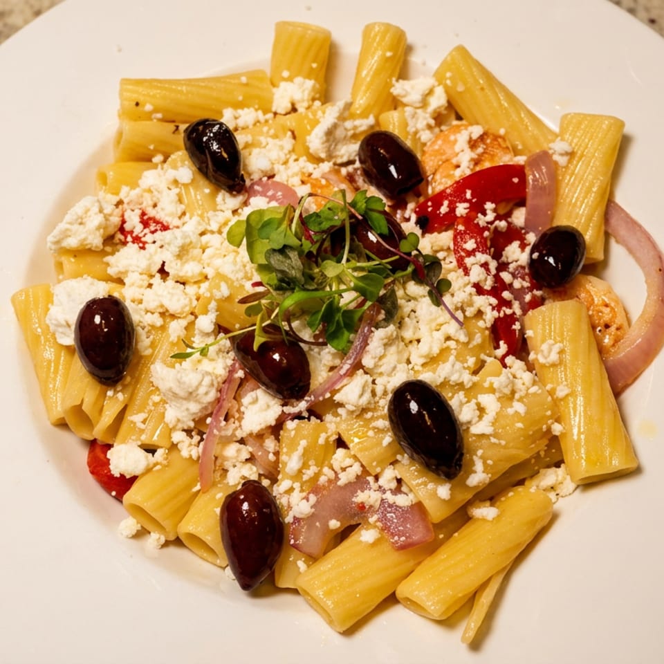 Rigatoni pasta with feta, olives, red onion, peppers, and microgreens on a white plate.