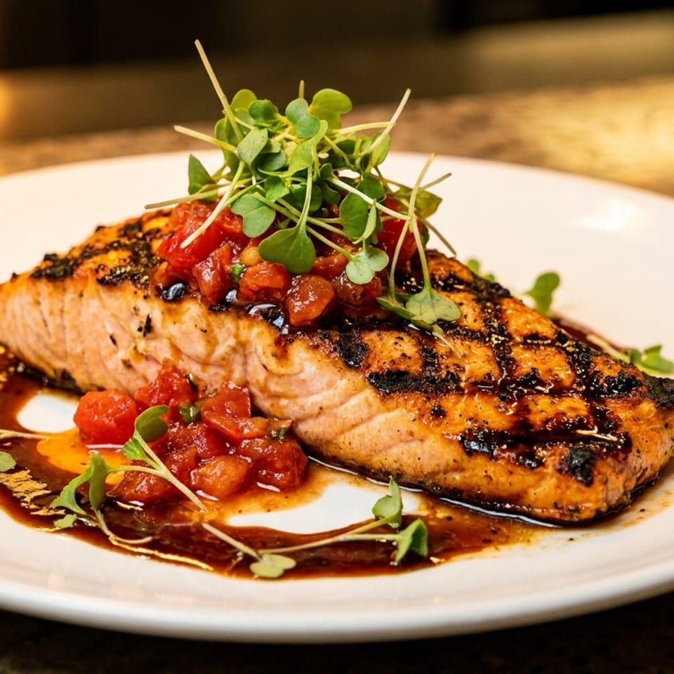 Grilled salmon fillet topped with tomato salsa and microgreens, drizzled with balsamic glaze on a white plate.