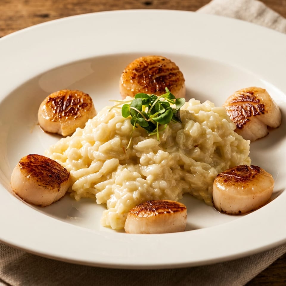 Creamy risotto topped with microgreens, surrounded by six perfectly seared scallops on a white plate.