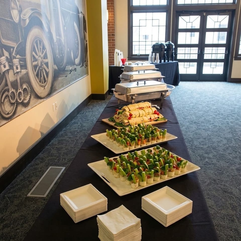 Catered buffet table with rolled appetizers, vegetable cups, covered chafing dishes, plates, and coffee urns in a spacious event room.