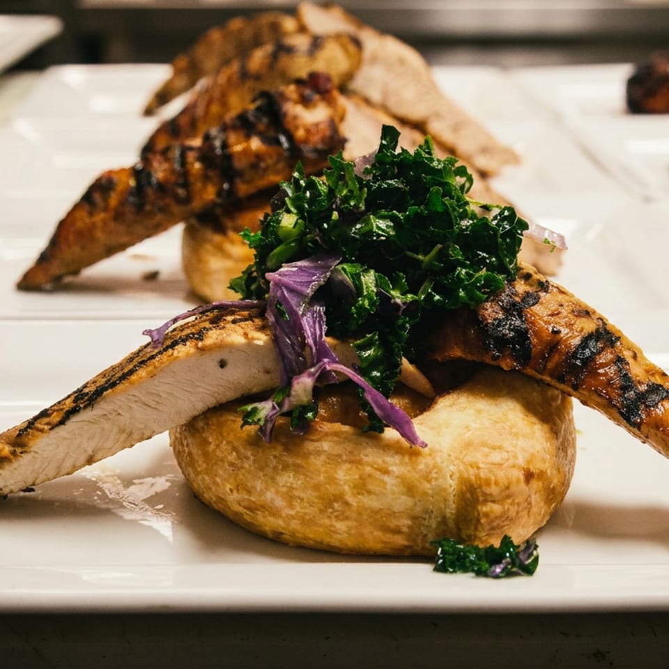 Plates of grilled chicken with kale and red cabbage on a golden pastry.