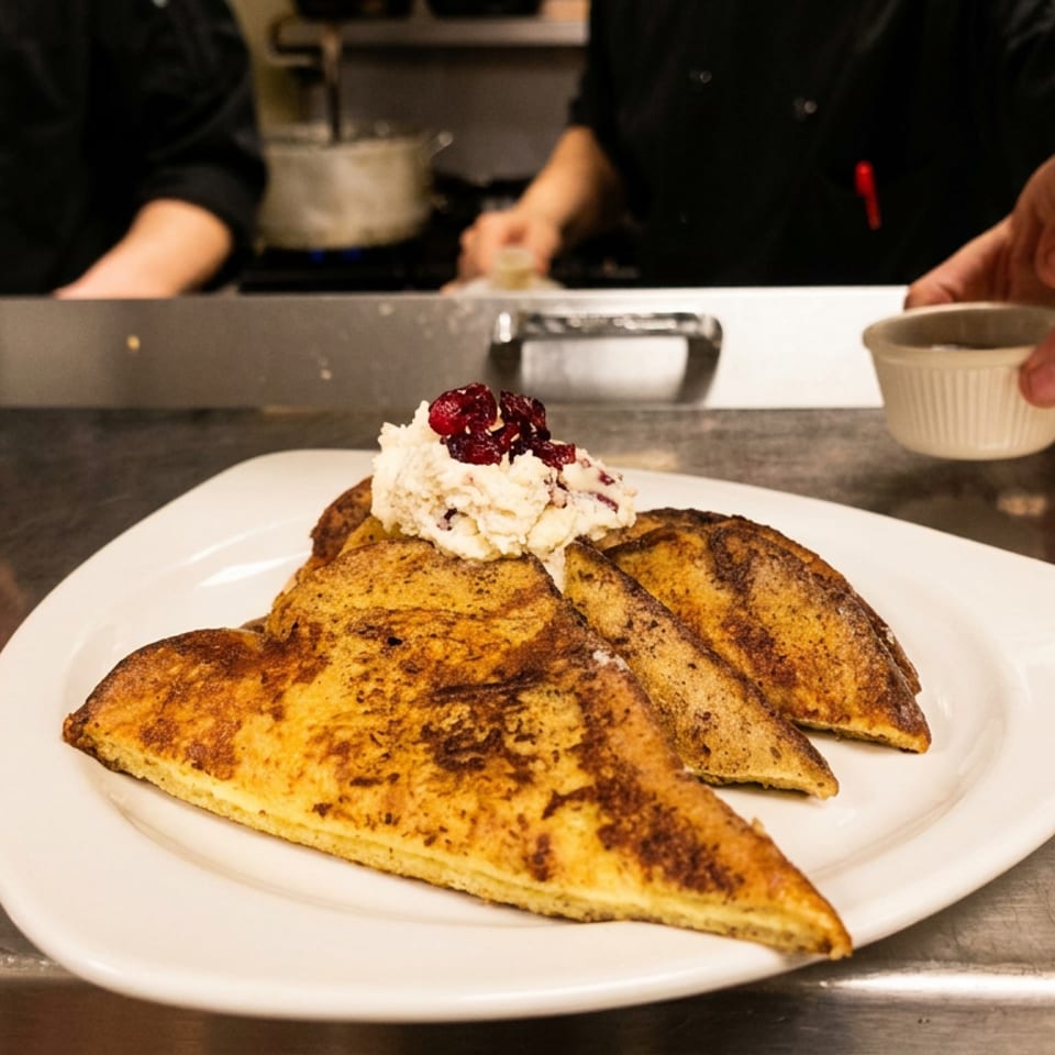 French toast with whipped cream and berries on a white plate, with a chef adding syrup.